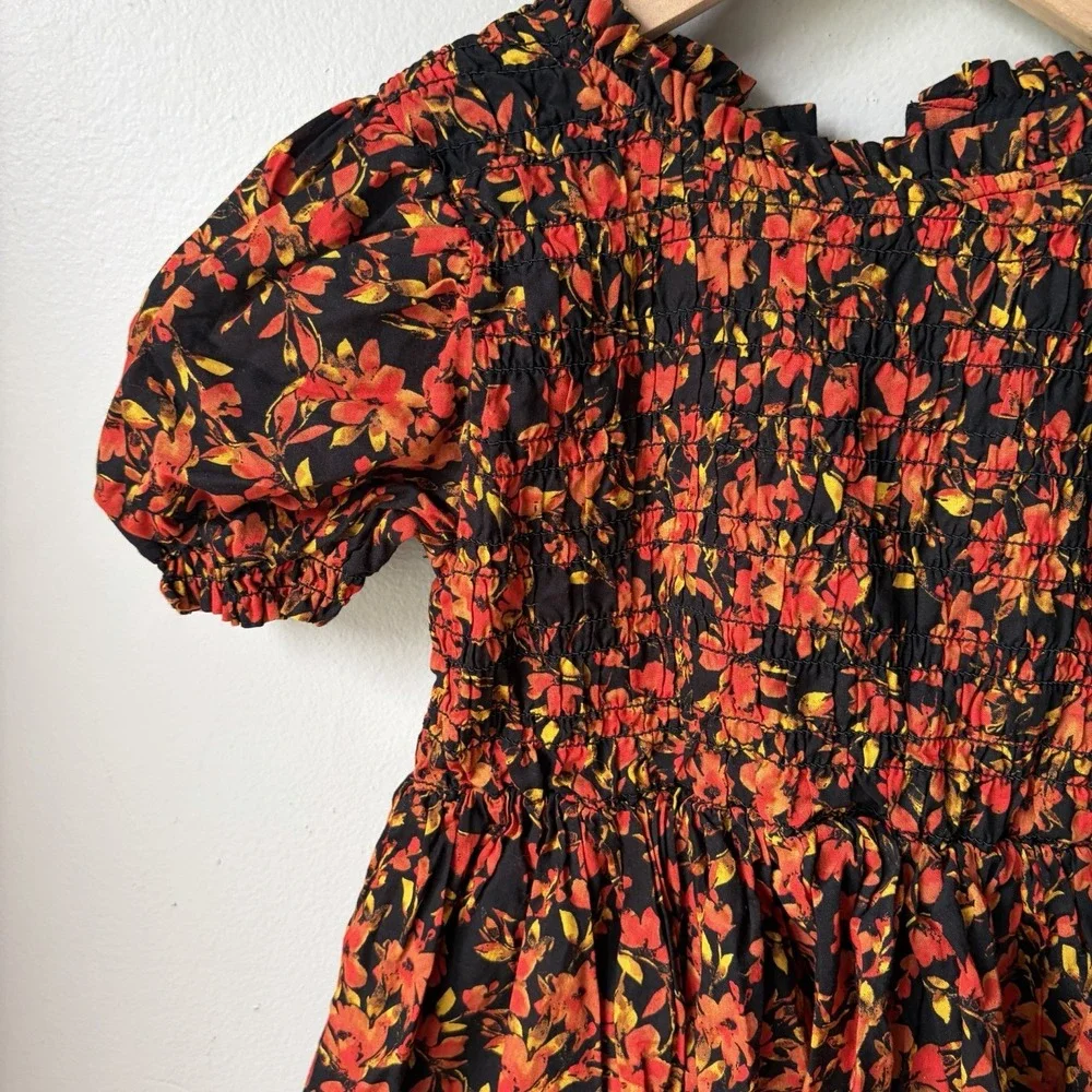 Gap Kids Girls Black Orange Fall Floral Puff Sleeve Smocked Babydoll Dress Sz 5T